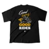 Playeras motociclista Lhopital negra Good Times, Good Rides con un motociclista quemando llanta en colores amarillo y blanco